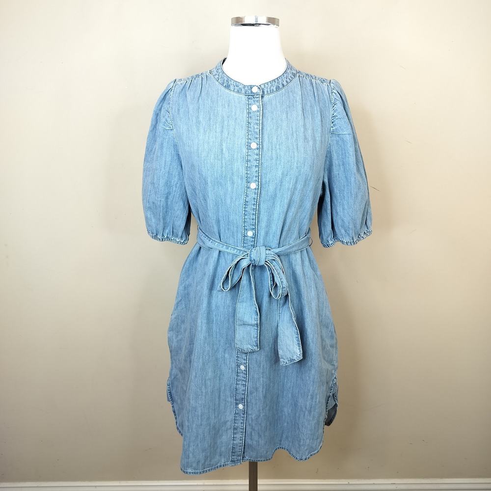 Gap Denim Shirt Dress w/ Pockets Medium Puff Sleeve Belted Light Wash Cowgirl